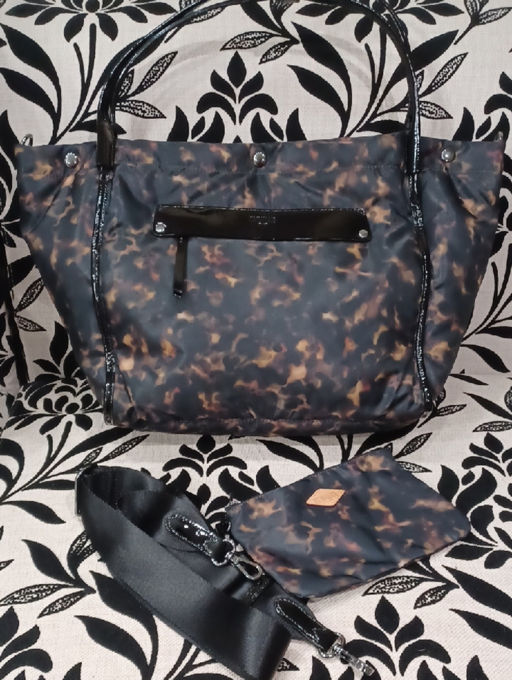 MZ Wallace Tortoiseshell Print Nylon Tote with Black Patent Trim - Picture 4 of 16